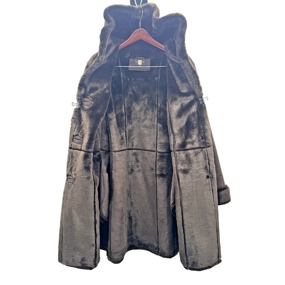 Vintage Penny Lane 1X Brown Coat Faux Suede Fur Trim Hooded Mid-Length Cozy Warm - Picture 3 of 10